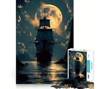 Pirate Ship Full Moon Adult Jigsaw Puzzles 1000 Pieces Brain Workout Toy Casual Relax Image Assembly Artistic Gift (50x75cm)