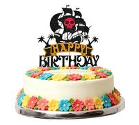 Pirate Ship Happy Birthday Cake Topper, Black and Gold Pirate Boat Themed Decor with Palm Trees for Men Boys Kids Birthday Party Decorations Supplies
