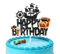 Pirate Ship Happy Birthday Cake Topper Black Glitter Nautical Sail Ship Cake Decor Treasure Sea of Thieves Pirate Themed Birthday Party Decorations for Kids Boys Men