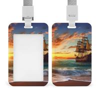 Pirate Ship in The Sunset Badge Holder with Lanyards Retractable Vertical Plastic Id Badge Holder Name Key Card Holders Case for Teacher Nurse Doctor Office Gift for Coworkers