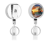 Pirate Ship in The Sunset Badge Reel Retractable Stainless Steel Badge Clip with Lanyard Cute Badges Reel Holder Heavy-Duty Nurse Doctor Name Tag Badges Clip for Work