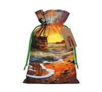 Pirate ship in the sunset Christmas Gift Bags with Tags & Ribbon Ties, Xmas Drawstring Candy Treat Bag Christmas Gifts Sacks Reusable Gift Wrapping Bags for Holiday Party Favors Medium