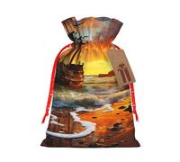 Pirate ship in the sunset Christmas Gift Bags with Tags & Ribbon Ties, Xmas Drawstring Candy Treat Bag Christmas Gifts Sacks Reusable Gift Wrapping Bags for Holiday Party Favors Medium