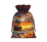 Pirate ship in the sunset Christmas Gift Bags with Tags & Ribbon Ties, Xmas Drawstring Candy Treat Bag Buffalo Plaid Christmas Gifts Sacks Reusable Gift Wrapping Bags for Holiday Party Favors Small