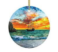 Pirate Ship In The Sunset Christmas Tree Ceramic Hanging Xmas Tree Decoration Bauble Round Ceramic Decorations Decorative Home Decoration