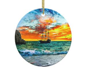 Pirate Ship In The Sunset Christmas Tree Ceramic Hanging Xmas Tree Decoration Bauble Round Ceramic Decorations Decorative Home Decoration
