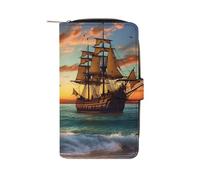 Pirate Ship in The Sunset Credit Card Wallet Rfid Blocking Slim Bifold Genuine Leather Minimalist Front Pocket Wallets Keychain Wallet for Men And Women, style, 19.7x11x3.5cm