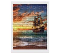 Pirate Ship in The Sunset Diamond Art Kits for Adults 12"x16" DIY Diamond Painting Kit for Beginners Gem Art Painting with Round Full Drill Diamonds DIY Paint Paintings for Home Wall Decor Gift