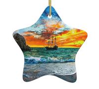 Pirate Ship In The Sunset Double-Sided Printed Ceramic Star Christmas Ornament With Gold Hanging Cord-Festive Holiday Decoration For Home,Store, Christmas Tree