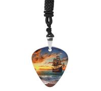 Pirate Ship in The Sunset Guitar Pick Necklace Exquisite Titanium Steel Personalized Necklaces Cool Pendant Necklaces Fashion Guitar Pick Holder Necklace Unique Gifts for Adult