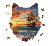 Pirate Ship in The Sunset Jigsaw Puzzle 175PCS Wolf Head Design Puzzle Wooden Jigsaw Puzzles for Adults Families