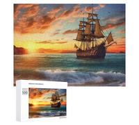 Pirate Ship in The Sunset Jigsaw Puzzle Challenging Fun Puzzle Wooden Jigsaw Puzzles for Adults Families 500 PCS