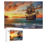 Pirate Ship in The Sunset Jigsaw Puzzle Challenging Fun Puzzle Wooden Jigsaw Puzzles for Adults Families 300 PCS