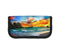 Pirate Ship in The Sunset Large Canvas Pencil Case Makeup Bag Organizer-Premium Zippered Pouch with Mesh Pocket,Color-Block Design (Black Trim)-School Trave Cosmetic Bag