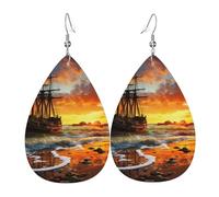 Pirate ship in the sunset Leather Earrings Dangle Drop for Women Lightweight Teardrop Dangle Earrings Jewelry Fashion Pendant and Valentine Birthday Party Gift