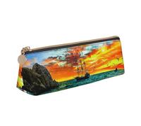 Pirate Ship in The Sunset Leather Pencil Case Slim Design Pen Bag with Metallic Zipper Pocket Size for Or Student Office College Middle School Pen Pouch