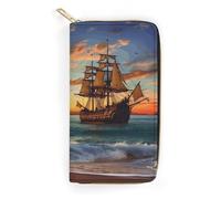 Pirate Ship in The Sunset Leather Wallet, Bifold Stylish Wallets, Credit Card Holder for Passport Covers, Purse Passport Bag for Men Women