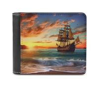 Pirate Ship in The Sunset Leather Wallet Bifold Wallet for Men Women Rfid Blocking Bifold, Extra Capacity Ultra Strong Stitching Slim Billfold with 8 Card Slots, style, One Size