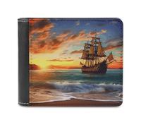 Pirate Ship in The Sunset Leather Wallet Slim Bifold Wallet Billfold Purse Portable Credit Card Holder Front Pocket Wallets for Adult