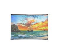 Pirate Ship in The Sunset Makeup Pouch Toiletries Bag Portable Unisex Zipper Travel Cosmetic Bags Waterproof Cosmetic Bags Paper Reusable Cosmetic Bag 16.5 Cm X 22.5 Cm