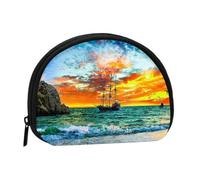 Pirate Ship in The Sunset Mini Coin Purse Wallet Zip Pouch Money Bag for Women Girls Kids