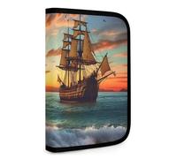 Pirate Ship in The Sunset Multifunctional Compact Wallet Id Stronghold Waltlet Credit Card Holder Wallet Zipper Leather Case Purse Rfid Blocking Bifold Wallet for Men Women, style, One Size