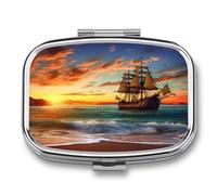 Pirate Ship in The Sunset Pill Box 2-Compartment Portable Pill Case Square Metal Medication Organizer Small Weekly Medication Case with Mirror Stylish Vitamin Holder for Purse Pocket Travel