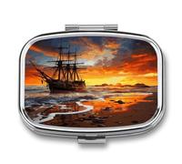 Pirate Ship in The Sunset Pill Box 2 Compartment Small Square Pills Case Portable for Pocket Pill Organizer Travel Metal Pill Holder for Office Home Vitamin Medicine Fish Oil