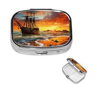 Pirate Ship in The Sunset Pill Box 2 Compartment Square Portable Pill Case for Pocket or Purse Small Weekly Medicine Planner Travel Pillbox with Mirror Decorative Metal Vitamin Holder Gifts