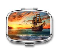 Pirate Ship in The Sunset Pill Box - 2 Compartment Travel Pill Organizer with Small Mirror, Portable Pillcase for Pocket & Purse, Cute Square Medicine Case, Weekly Medicine Container