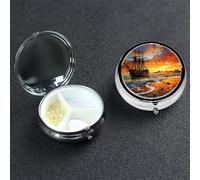 Pirate Ship in The Sunset Pill Box 3 Compartment Round Portable Pill Case for Pocket or Purse Small Weekly Medicine Planner Travel Pillbox with Mirror Decorative Metal Vitamin Holder Gifts