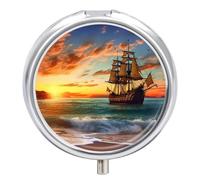 Pirate Ship in The Sunset Pill Box 3 Compartment Travel Pill Organizer with Small Mirror Portable Pillcase for Pocket & Purse Cute Round Medicine Case Weekly Medicine Container