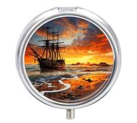 Pirate Ship in The Sunset Pill Box 3 Compartment Waterproof Pill Container with Mirror Metal Medicine Box Organizer Portable Vitamin Case for Pocket & Purse Travel - Round