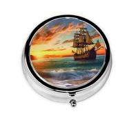 Pirate Ship in The Sunset Pill Box Metal Round Small Pill Case Cute 3 Compartment Pill Organizer Portable Travel Pillbox Mini Pill Container Holder for Daily Medicine Supplement Vitamin