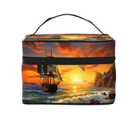Pirate Ship in The Sunset -Print Large Makeup Organizer for Travel - Waterproof Cosmetic Bag with Compartments & Straps, Premium Twill Fabric, for Gym & Professionals.