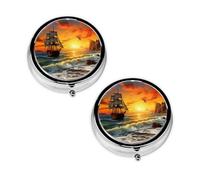 Pirate Ship in The Sunset Print Pill Box 3 Compartment Medicine Pill Case,Portable for Pocket Or Purse Pill Organizer Decorative Metal Medicine Vitamin Organizer Unique Gift