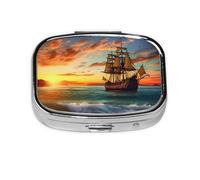 Pirate Ship in The Sunset Print Pill Box Square Pill Case 2 Compartment Small Metal Medicine Organizer Portable Travel Pillbox for Pocket Purse Cute Mini Pill Container to Hold Daily Vitamins