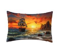pirate ship in the sunset -Print Premium Flannel Pillow Cases 12x18 - Hidden Zipper & Reversible Cover For Sofa, Car.