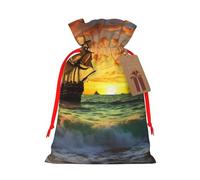 pirate ship in the sunset Printed Christmas Drawstring Bags,S | Reusable Xmas Gift Storage Bags, Red Ribbon