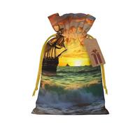 pirate ship in the sunset Printed Christmas Drawstring Bags,S | Reusable Xmas Gift Storage Bags, Yellow Christmas Ribbon