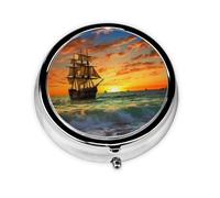 Pirate Ship in The Sunset Printed Round Pill Organizer with 3 Compartments, Portable Mini Pill Box Pill Case for Medicine, Vitamin, Fish Oil, Supplements