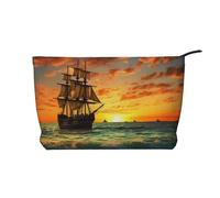 Pirate Ship in The Sunset Prints Corduroy Makeup Bag for Women Girls, Spacious Travel Cosmetic Organiser for Make-up, Toiletries & Essentials