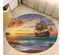 Pirate Ship in The Sunset Round Area Rug - Non-Slip Circle Doormat for Entryway, Washable Low-Profile Throw Rugs for Living Room, Bedroom, Office, Kitchen, Stain Resistant Floor Mat 90 * 90cm