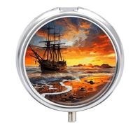 Pirate Ship in The Sunset Round Pill Box 3 Compartment Small Pill Box Round Portable Pill Case to Hold Vitamins Medication Fish Oil and Supplements Travel Purse Pocket Gift