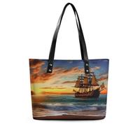 Pirate Ship in The Sunset Tote Bag for Women Work Handbag with Zipper Ladies Travel Leather Purses Large Soft Shoulder Bag Fashion Hobo Bag for Work Travel Shopping Bag