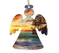 Pirate Ship in The Sunset Wooden Christmas Ornaments 2 Pcs Xmas Tree Hanging Angel Shape Xmas Crafts Hanging Decoration for Christmas Holiday Party Decor