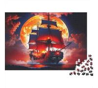Pirate Ship Moonlight Vibrant Color 1000 Piece Jigsaw Puzzle for Adults Burning Sailing Ship Against Huge Red Moon Premium Sturdy Challenging Hard Stress Relief 52x38cm/1000pcs