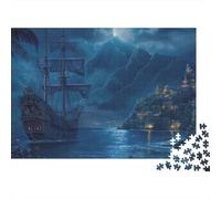 Pirate Ship Night Voyage 1000 Piece Jigsaw Puzzle for Adults Dark Pirate Ship Nears Distant Coastal Town Hard Premium Sturdy Vibrant Challenging Stress Relief 52x38cm/1000pcs