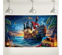 Pirate Ship Ocean Backdrop, Fantasy Nautical Adventure Theme Decorations, Treasure Island Photography Background for Birthday Party Events, Summer Coastal Celebration 71x43 Inch