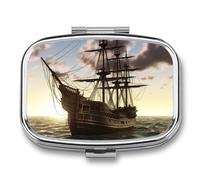 Pirate Ship Pill Box 2 Compartments Portable Travel Pill Case Mini Medicine Organizer for Pocket Purse Metal Waterproof Medicine Container Holder Vitamin Fish Oil